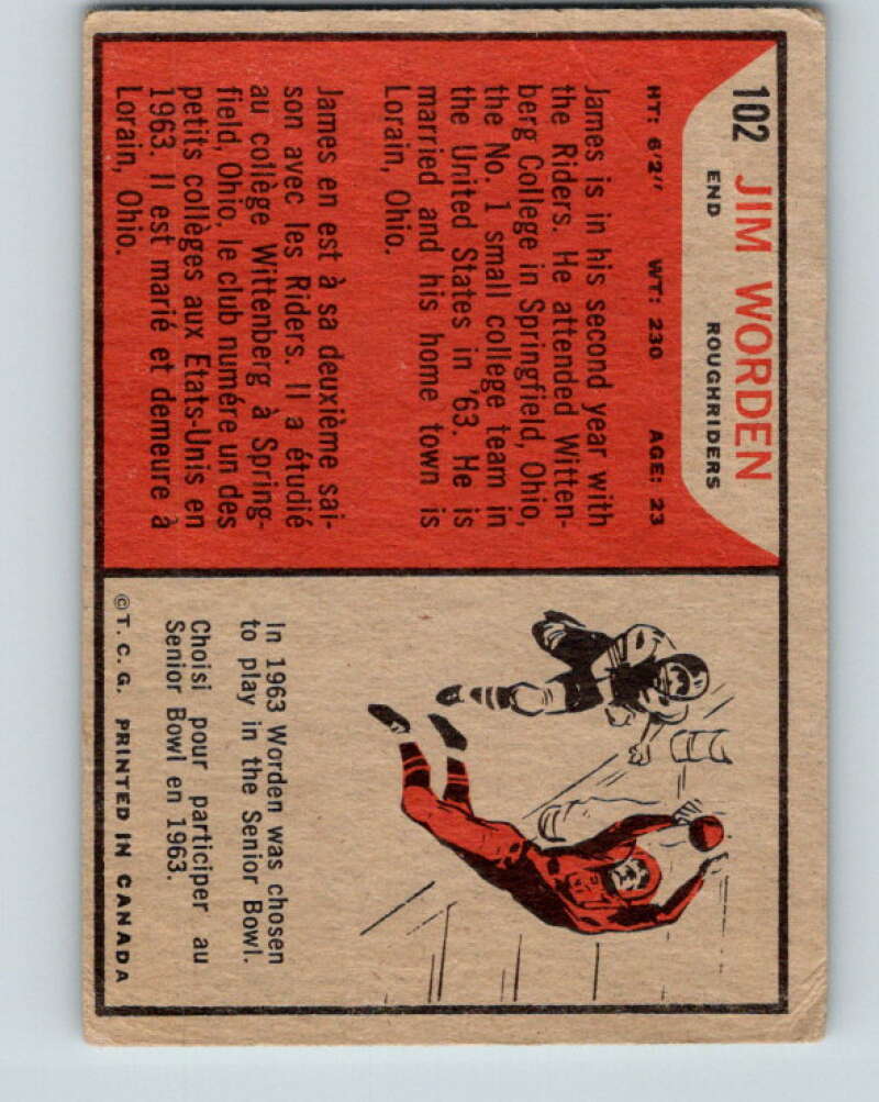 1965 Topps CFL Football #102 Jim Worden, Sask. Roughriders V32848