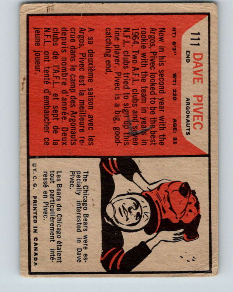 1965 Topps CFL Football #111 Dave Pivec, Toronto Argonauts V32854