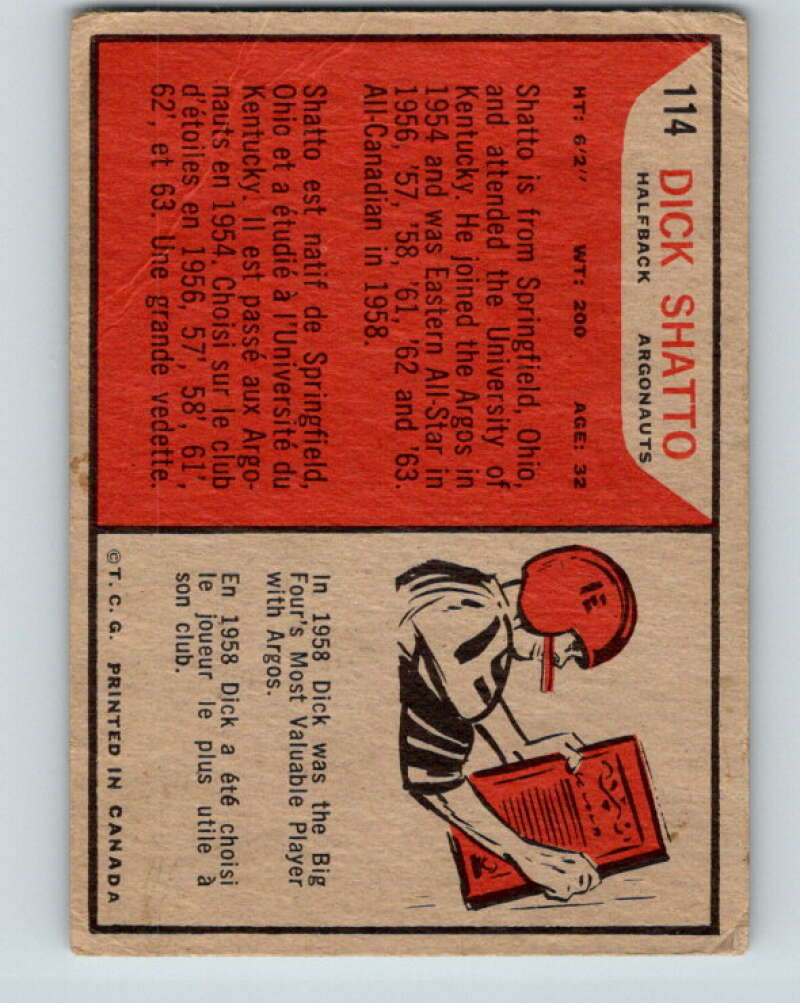 1965 Topps CFL Football #114 Dick Shatto, Toronto Argonauts V32855