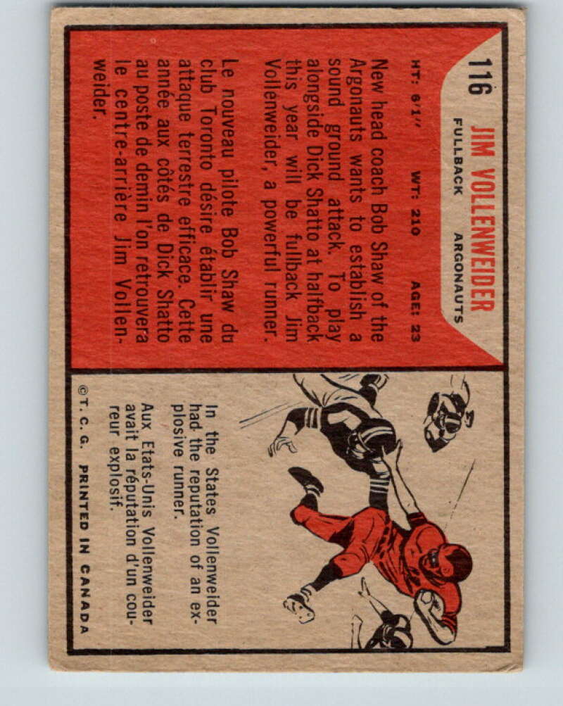 1965 Topps CFL Football #116 Jim Vollenweider, Toronto Argonauts V32857
