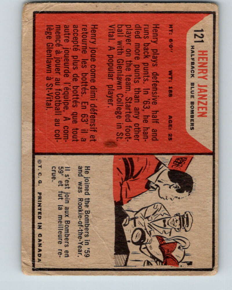 1965 Topps CFL Football #121 Henry Janzen, Winnipeg Blue Bombers V32859
