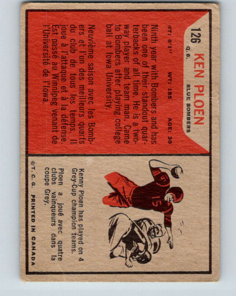 1965 Topps CFL Football #126 Ken Ploen, Winnipeg Blue Bombers V32862