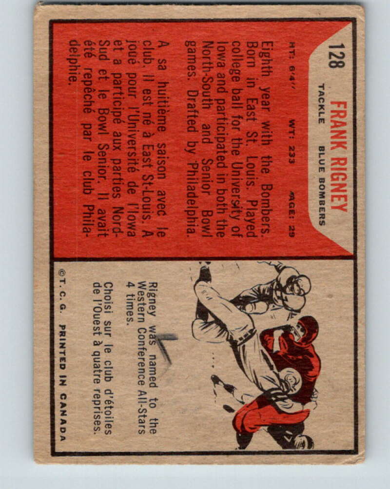 1965 Topps CFL Football #128 Frank Rigney, Winnipeg Blue Bombers V32863