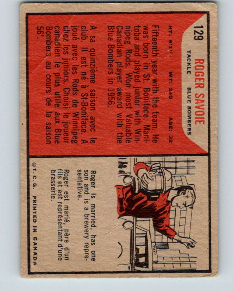 1965 Topps CFL Football #129 Roger Savoie, Winnipeg Blue Bombers V32864