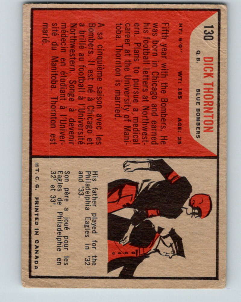 1965 Topps CFL Football #130 Dick Thornton, Winnipeg Blue Bombers V32865