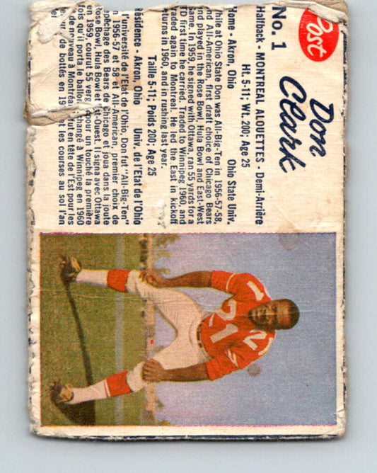 1962 Post Cereal CFL Football #1 Don Clark, Montreal Alouettes  V32866