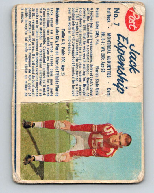 1962 Post Cereal CFL Football #7 Jack Espenship, Montreal Alouettes  V32867