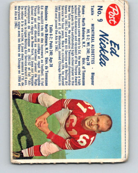 1962 Post Cereal CFL Football #9 Ed Nickla, Montreal Alouettes  V32868