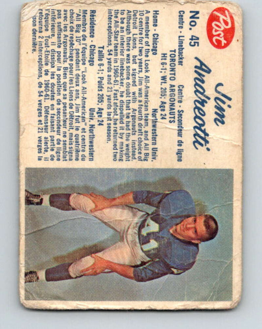 1962 Post Cereal CFL Football #45 Jim Andreeotti, Toronto Argonauts  V32869