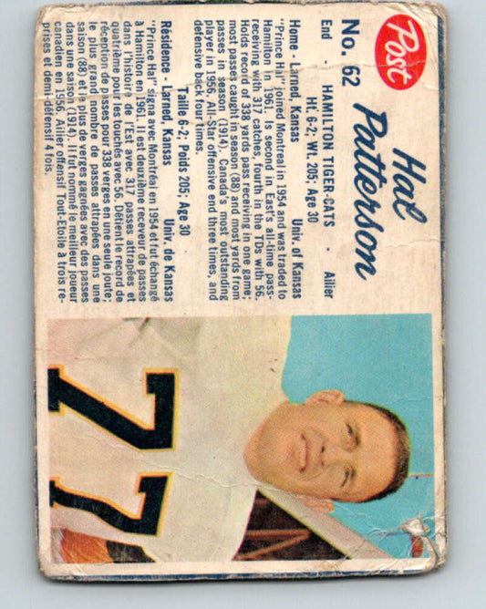 1962 Post Cereal CFL Football #62 Hal Patterson, Hamilton Tiger-cats  V32871