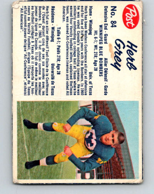 1962 Post Cereal CFL Football #84 Herb Grey, Winnipeg Blue Bombers  V32874