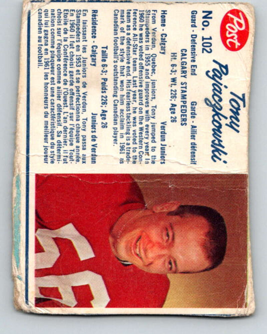 1962 Post Cereal CFL Football #102 Tony Pajaczkowski, Calgary Stampeders  V32876