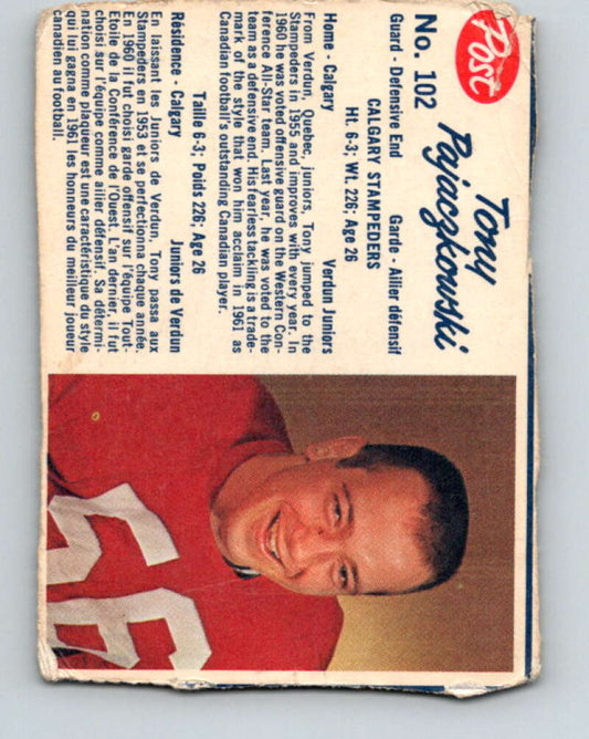 1962 Post Cereal CFL Football #102 Tony Pajaczkowski, Calgary Stampeders  V32877