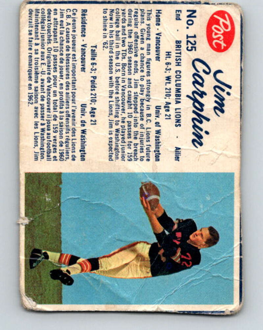 1962 Post Cereal CFL Football #125 Jim Carphin, British Columbia Lions  V32879