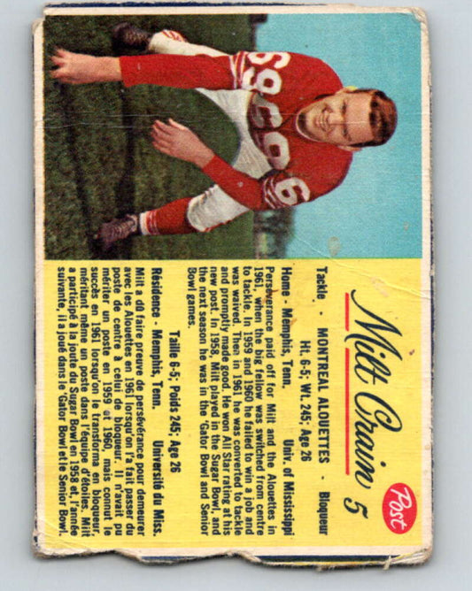 1963 Post Cereal CFL Football #5 Milt Crain, Montreal Alouettes  V32881