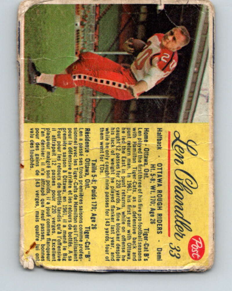 1963 Post Cereal CFL Football #33 Len Chandler, Ottawa Rough Riders V32891