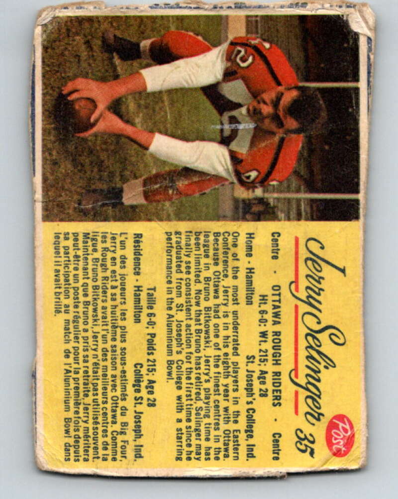 1963 Post Cereal CFL Football #35 Jerry Selinger, Ottawa Rough Riders V32892