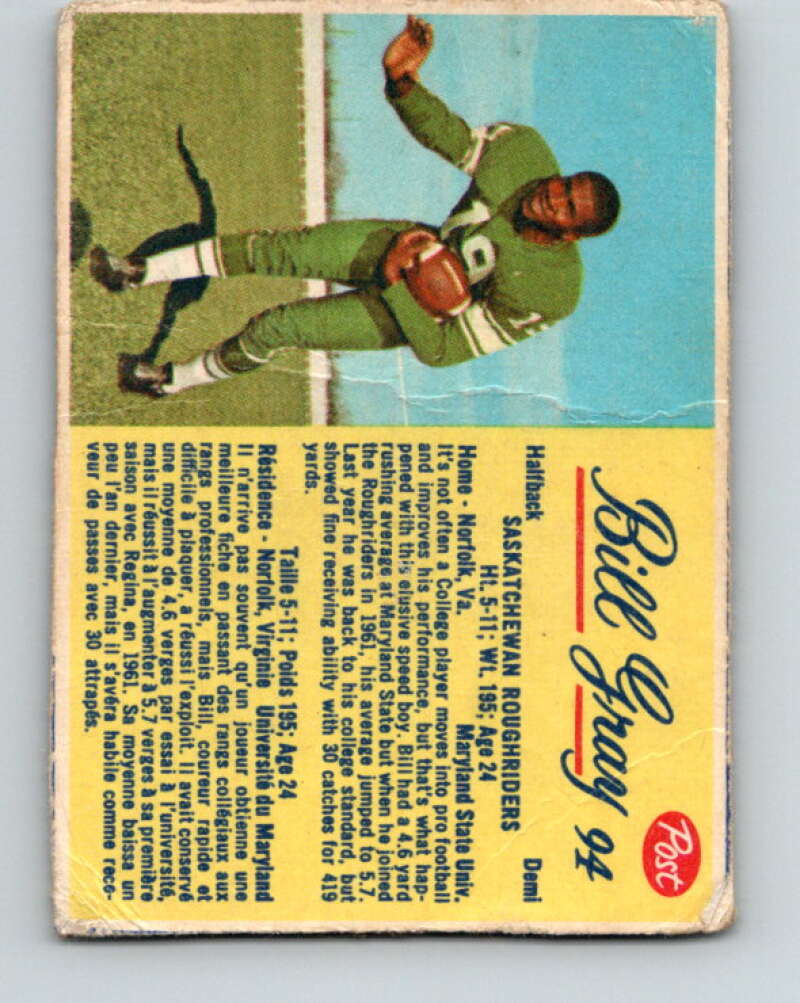 1963 Post Cereal CFL Football #94 Bill Gray, Sask. Roughriders V32902