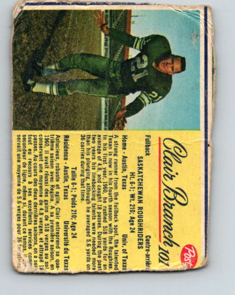 1963 Post Cereal CFL Football #101 Clair Branch, Sask. Roughriders V32904