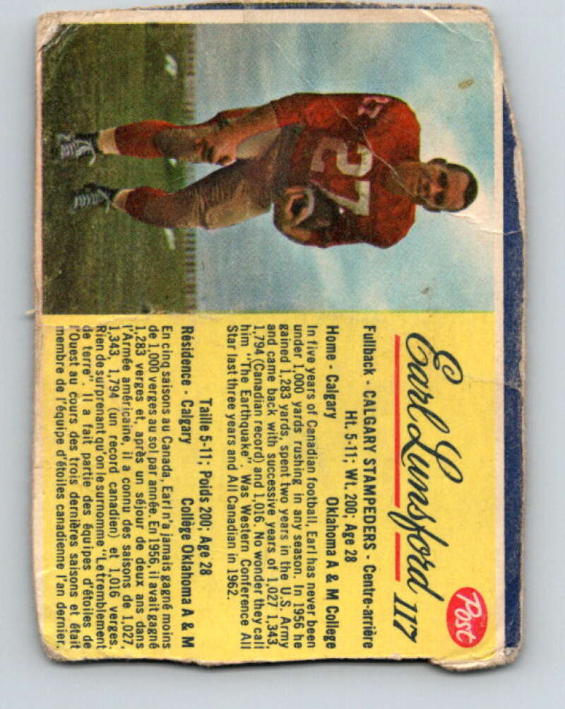 1963 Post Cereal CFL Football #117 Earl Lunsford, Calgary Stampeders V32906