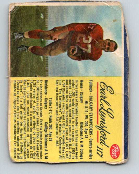 1963 Post Cereal CFL Football #117 Earl Lunsford, Calgary Stampeders  V32906