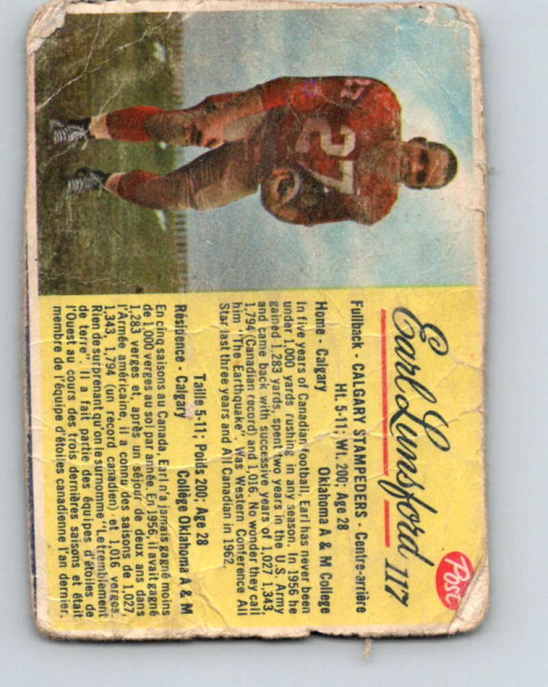 1963 Post Cereal CFL Football #117 Earl Lunsford, Calgary Stampeders V32907
