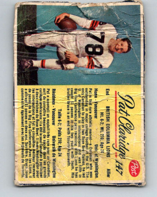 1963 Post Cereal CFL Football #147 Pat Claridge, British Columbia Lions V32914