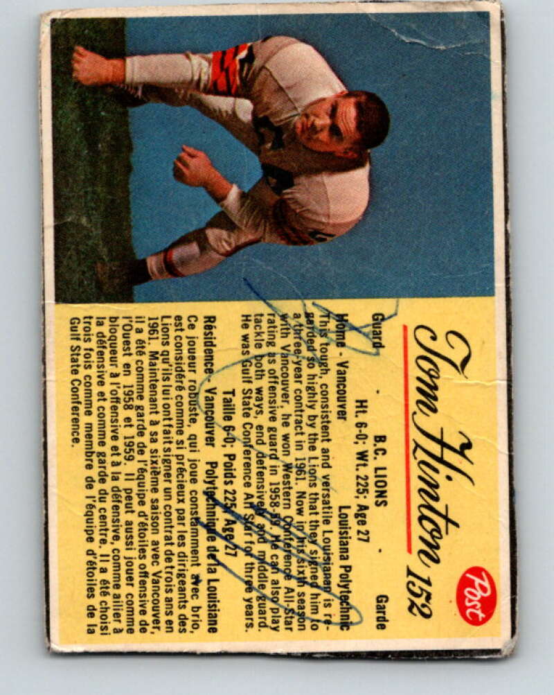 1963 Post Cereal CFL Football #152 Tom Hinton, B.C. Lions V32915