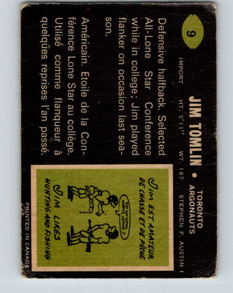 1970 O-Pee-Chee CFL Football #9 Jim Tomlin, Toronto Argonauts V32918