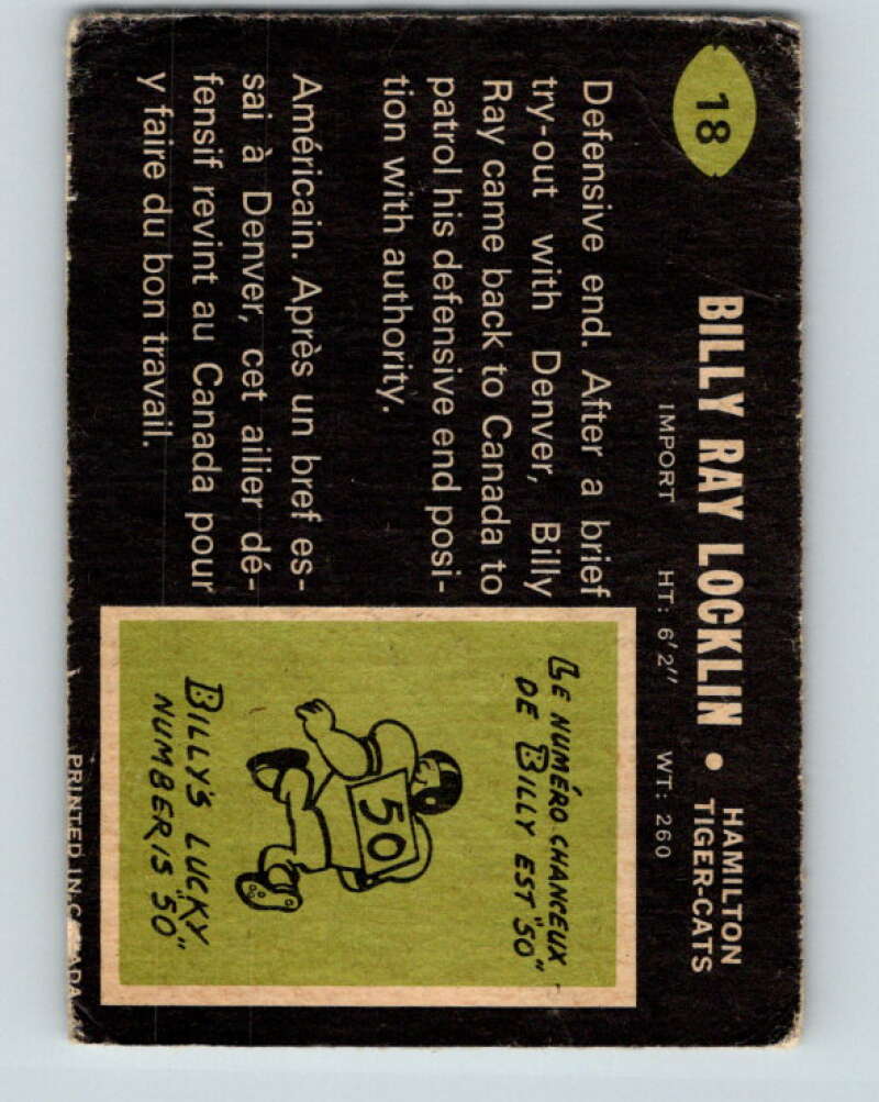 1970 O-Pee-Chee CFL Football #18 Billy Ray Locklin, Hamilton Tiger-cats V32923