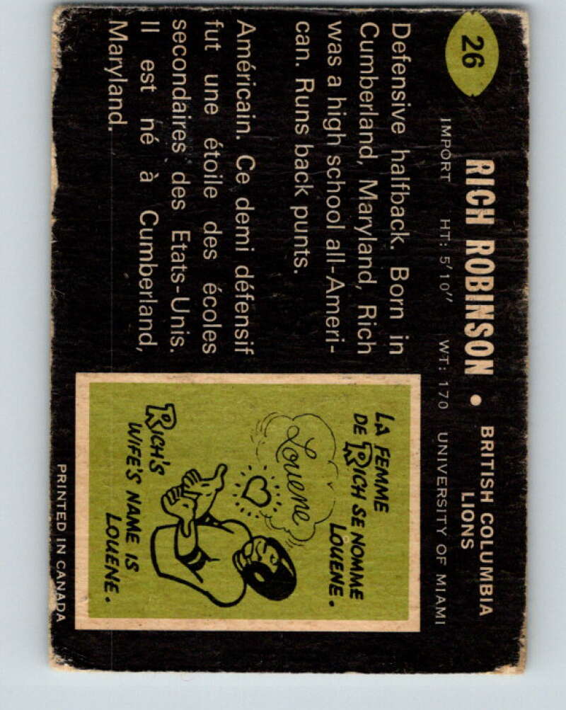 1970 O-Pee-Chee CFL Football #26 Rich Robinson, British Columbia Lions V32927