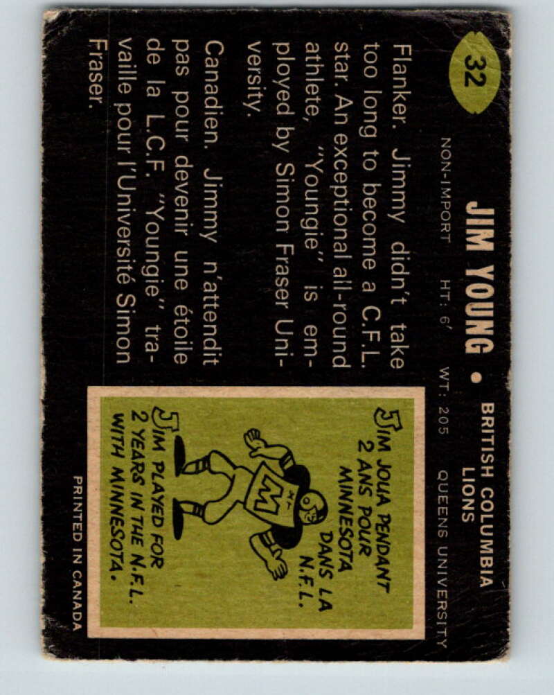 1970 O-Pee-Chee CFL Football #32 Jim Young, British Columbia Lions V32930