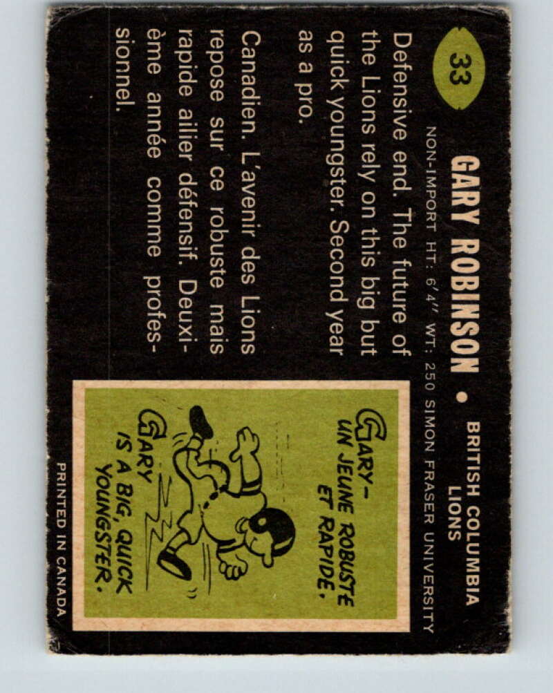 1970 O-Pee-Chee CFL Football #33 Gary Robinson, British Columbia Lions V32931
