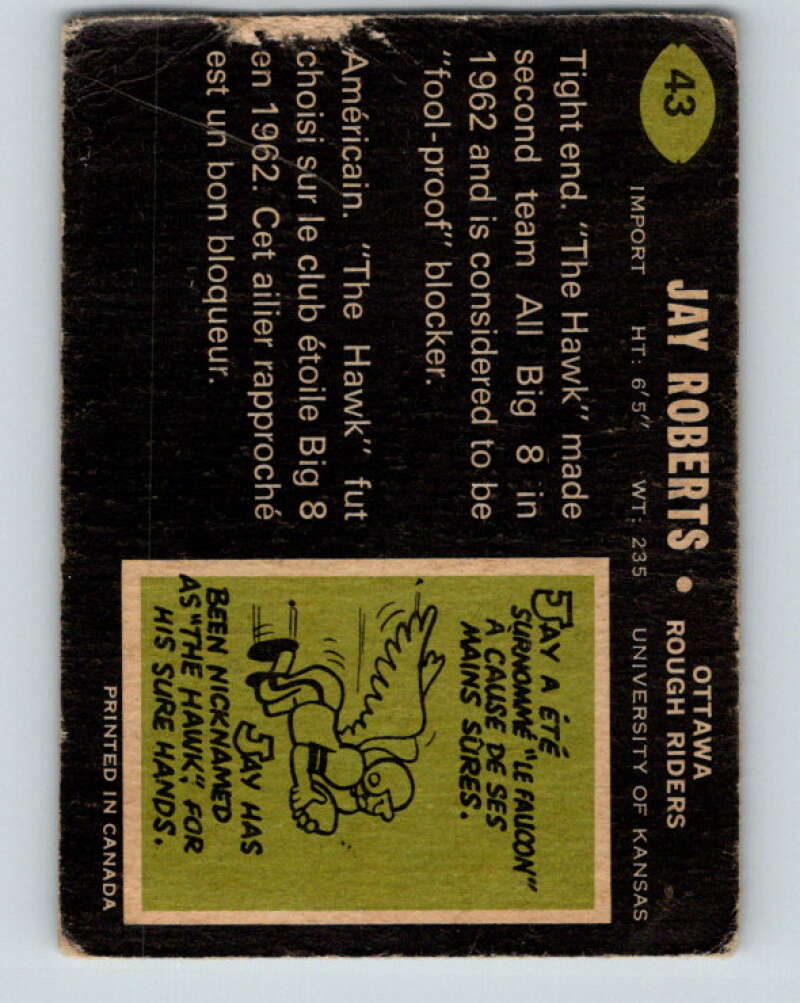 1970 O-Pee-Chee CFL Football #43 Jay Roberts, Ottawa Rough Riders V32934