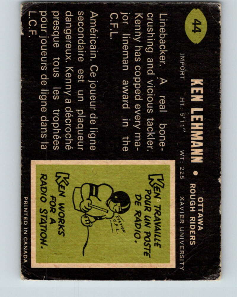 1970 O-Pee-Chee CFL Football #44 Ken Lehmann, Ottawa Rough Riders V32935