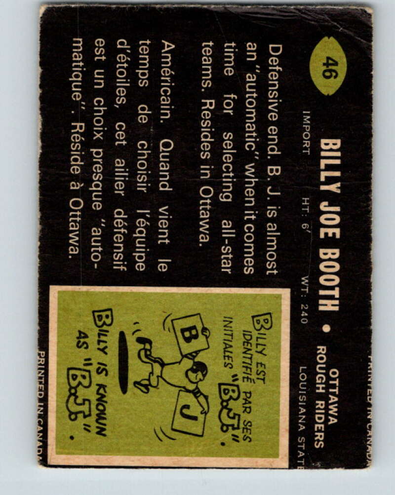 1970 O-Pee-Chee CFL Football #46 Billy Joe Booth, Ottawa Rough Riders V32936