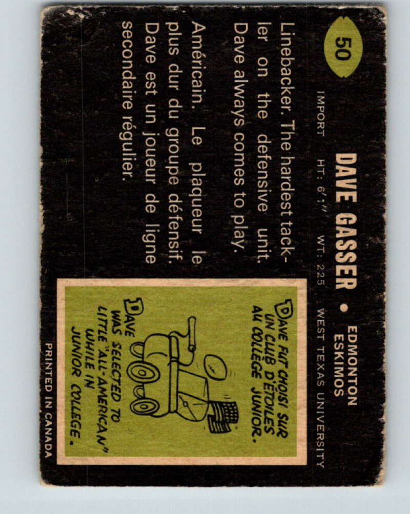 1970 O-Pee-Chee CFL Football #50 Dave Gasser, Edmonton Eskimos V32938