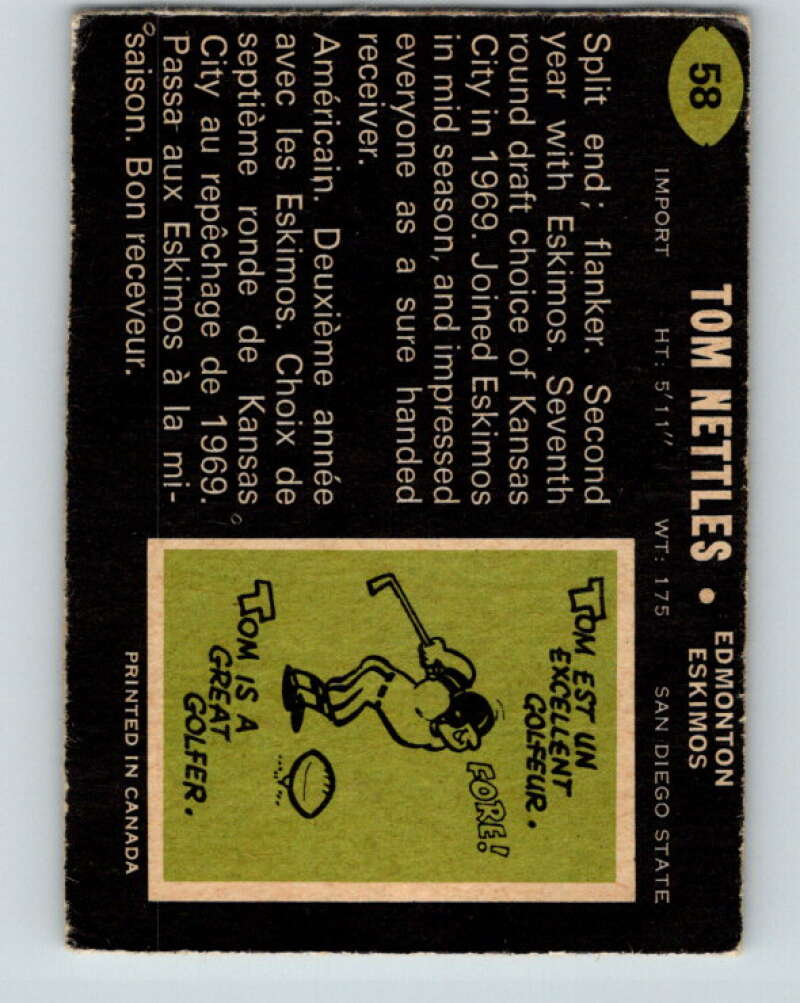 1970 O-Pee-Chee CFL Football #58 Tom Nettles, Edmonton Eskimos V32939