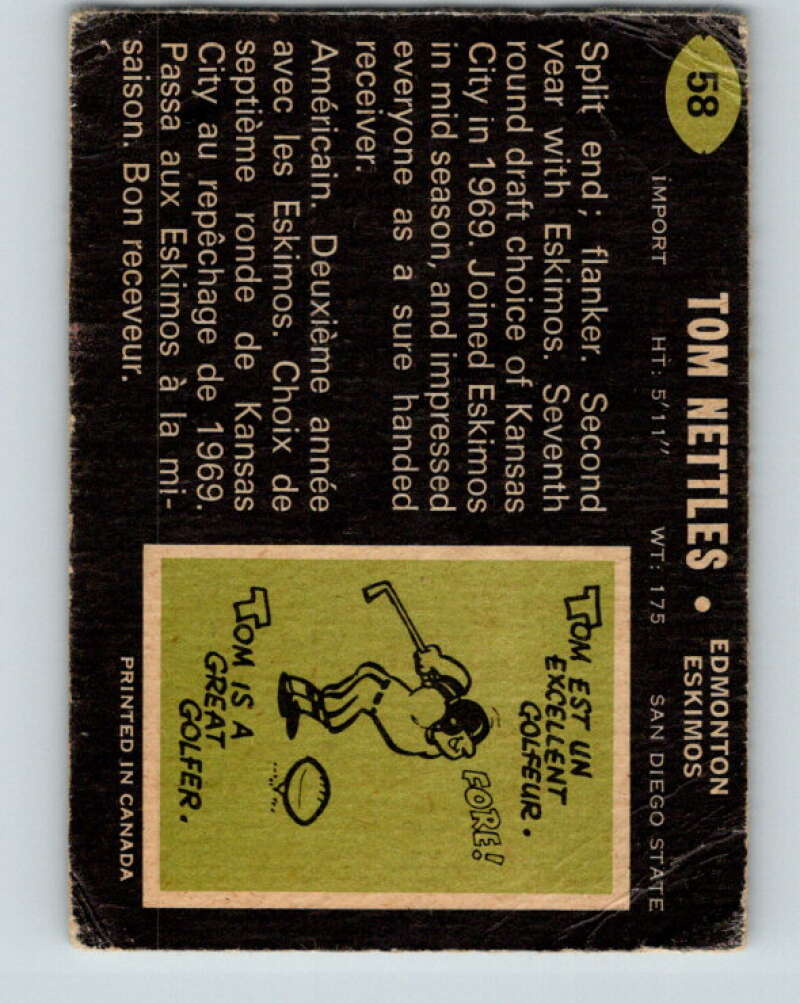 1970 O-Pee-Chee CFL Football #58 Tom Nettles, Edmonton Eskimos V32940
