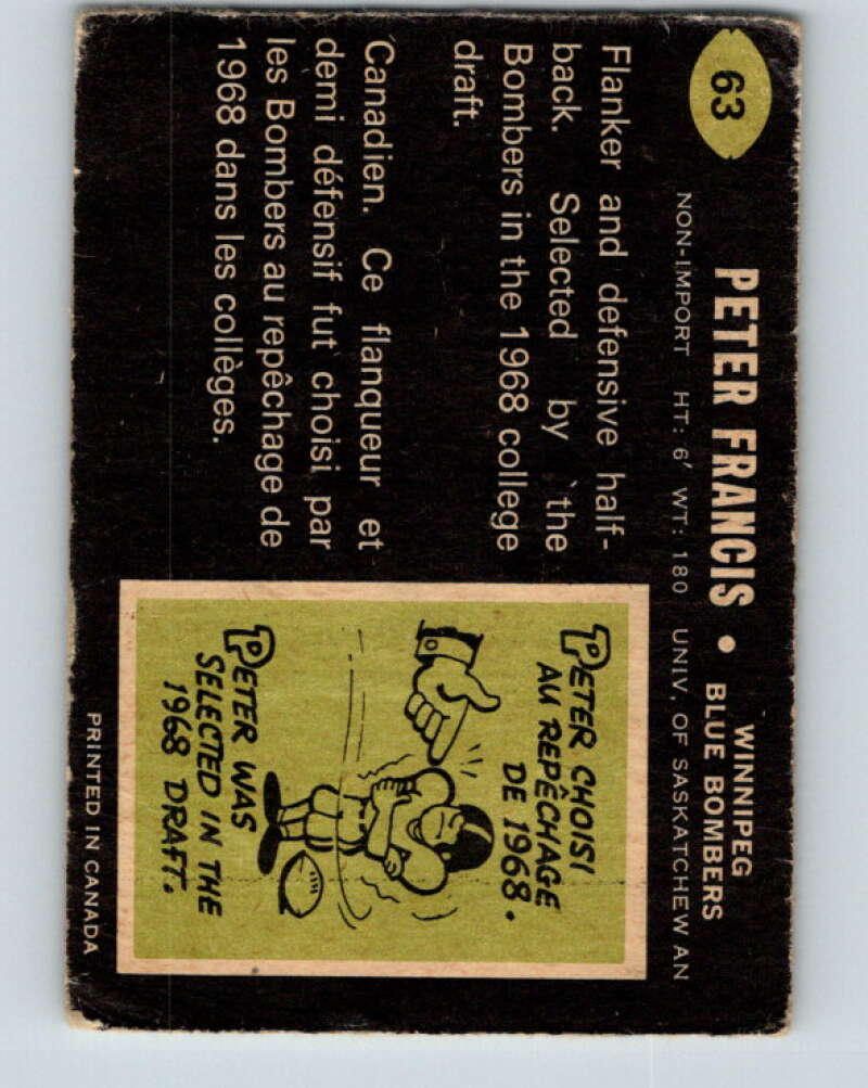 1970 O-Pee-Chee CFL Football #63 Peter Francis, Winnipeg Blue Bombers V32941