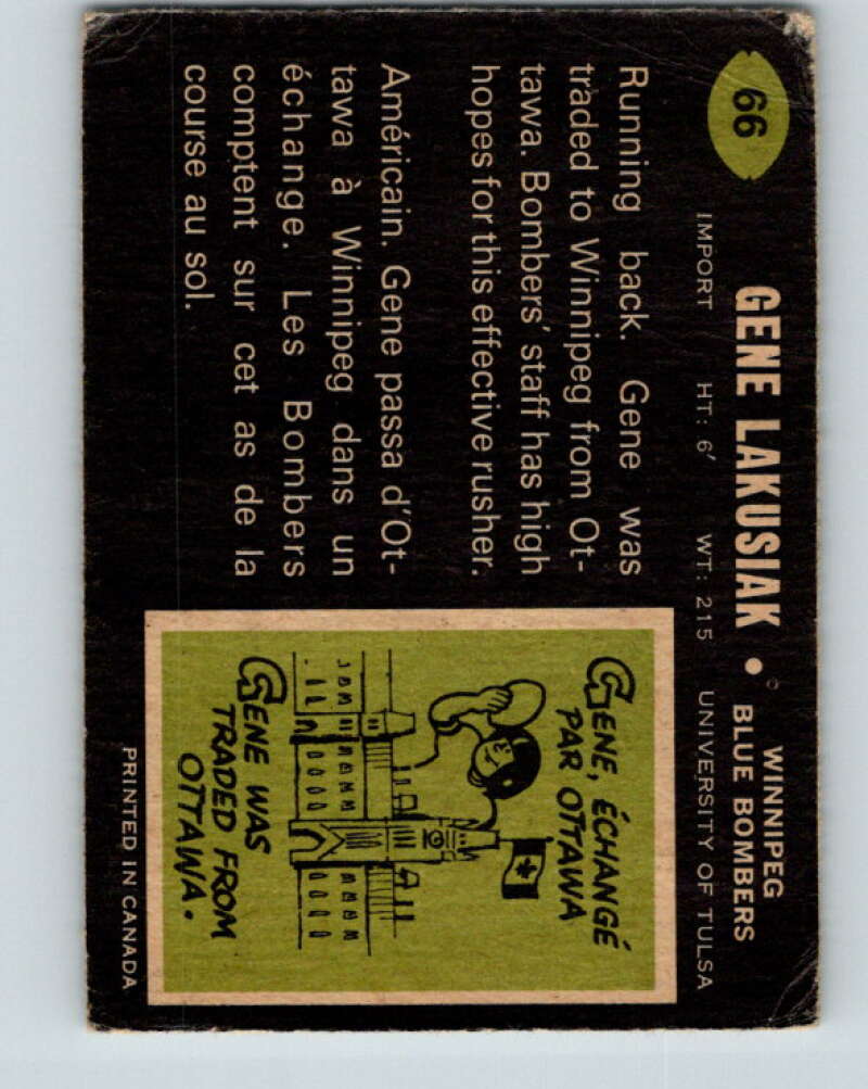 1970 O-Pee-Chee CFL Football #66 Gene Lakusiak, Winnipeg Blue Bombers V32943
