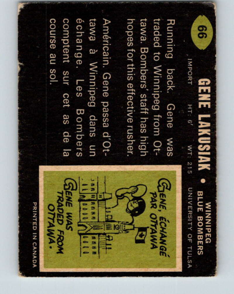 1970 O-Pee-Chee CFL Football #66 Gene Lakusiak, Winnipeg Blue Bombers V32944