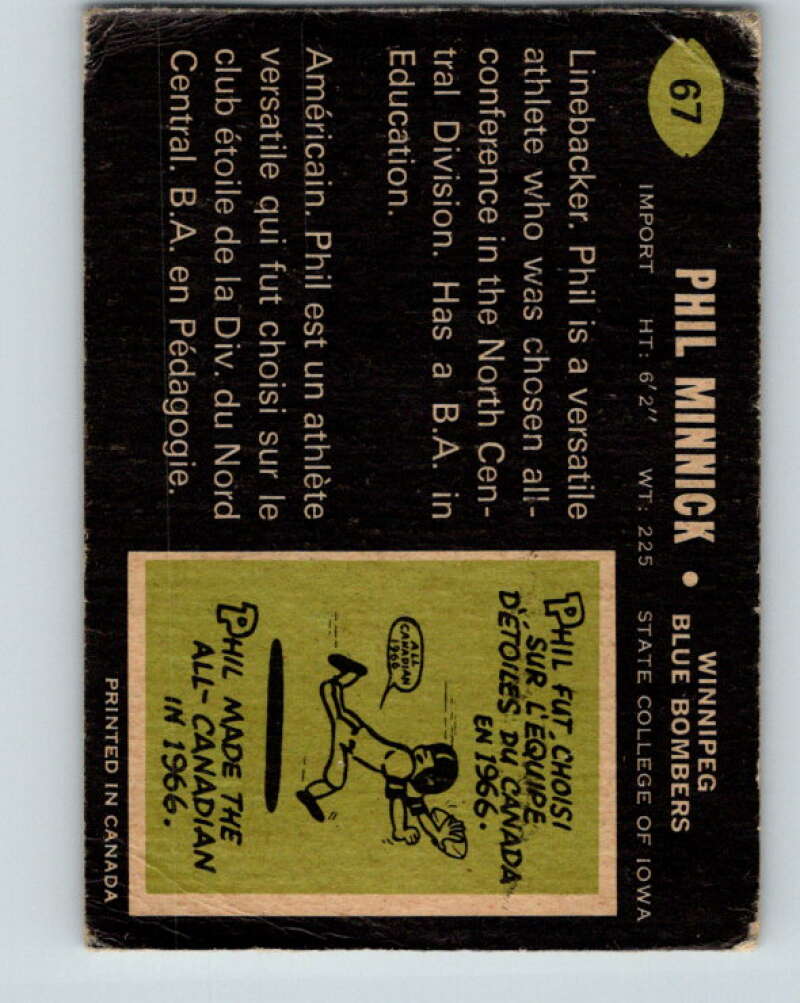 1970 O-Pee-Chee CFL Football #67 Phil Minnick, Winnipeg Blue Bombers V32945