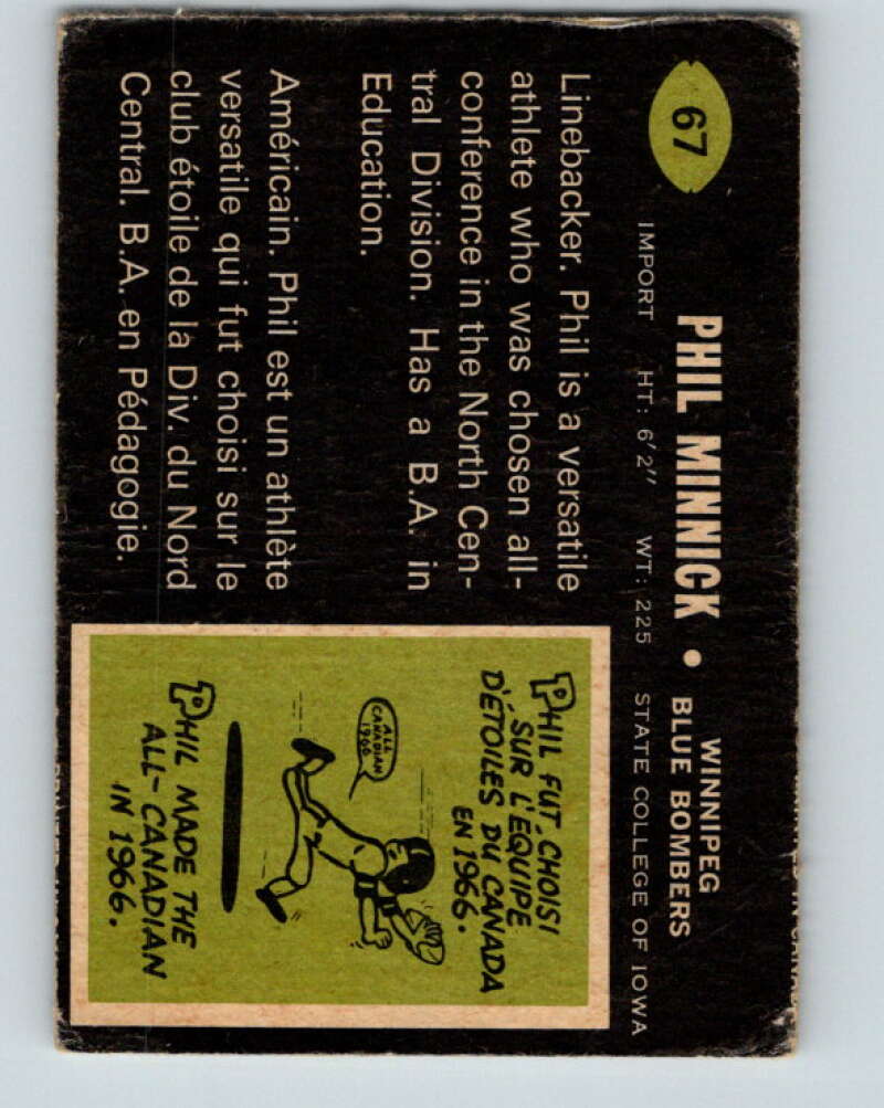 1970 O-Pee-Chee CFL Football #67 Phil Minnick, Winnipeg Blue Bombers V32946
