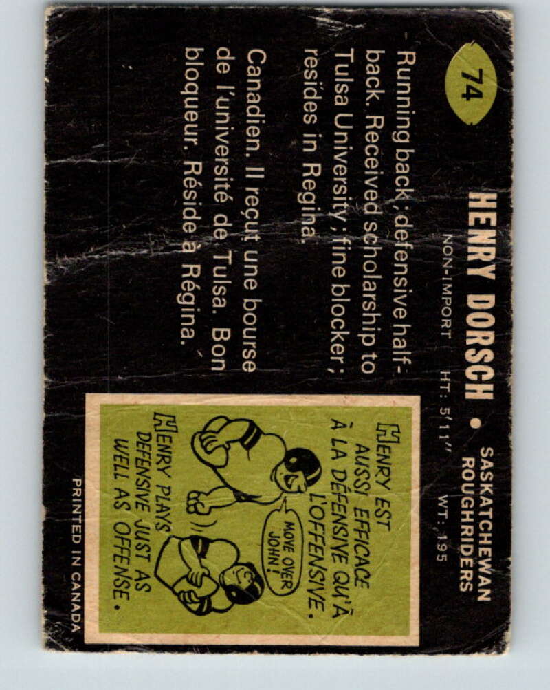 1970 O-Pee-Chee CFL Football #74 Henry Dorsch, Sask. Roughriders  V32949