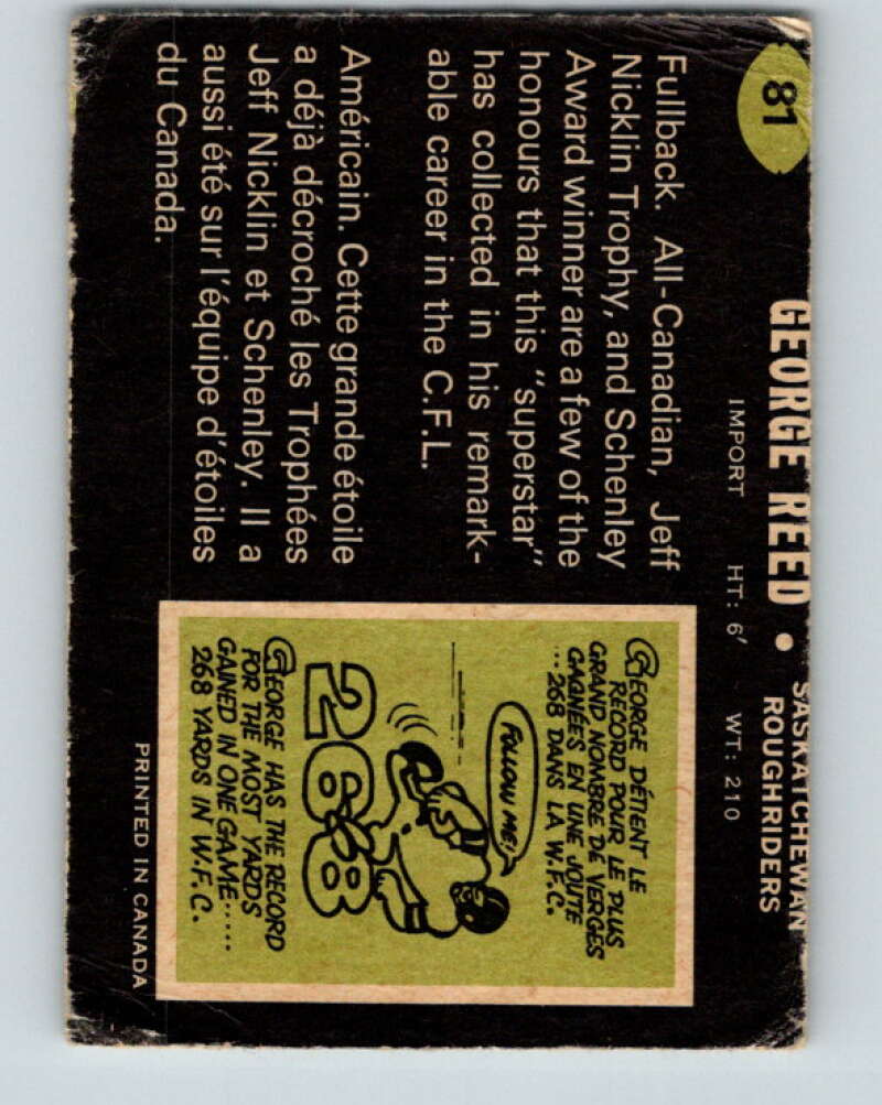 1970 O-Pee-Chee CFL Football #81 George Reed, Sask. Roughriders V32952