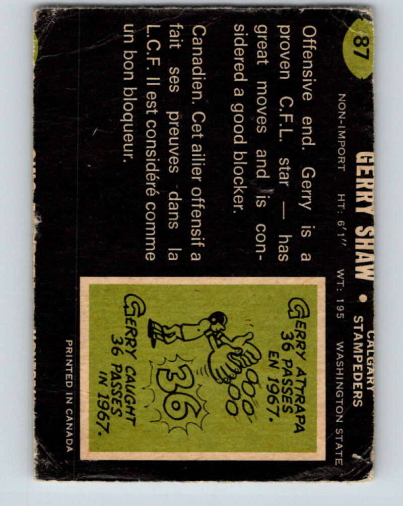 1970 O-Pee-Chee CFL Football #87 Gerry Shaw, Calgary Stampeders V32954