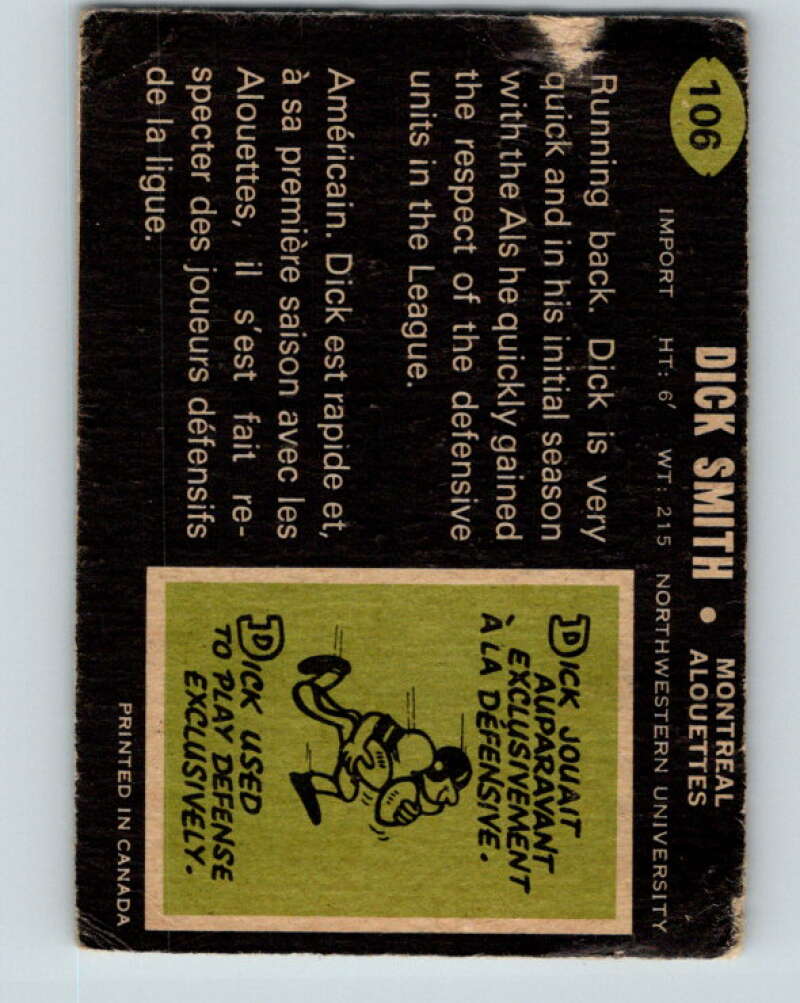 1970 O-Pee-Chee CFL Football #106 Dick Smith, Montreal Alouettes  V32963