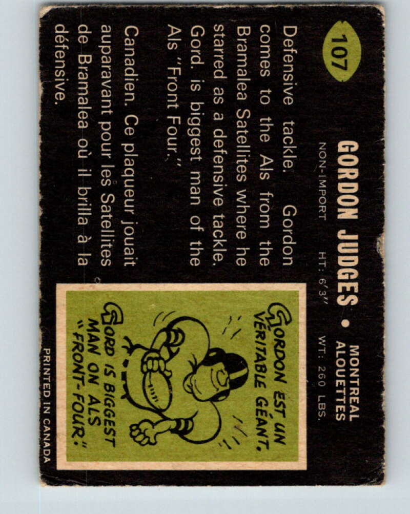 1970 O-Pee-Chee CFL Football #107 Gordon Judges, Montreal Alouettes V32964