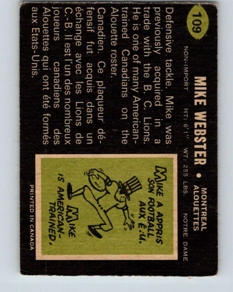 1970 O-Pee-Chee CFL Football #109 Mike Webster, Montreal Alouettes  V32965